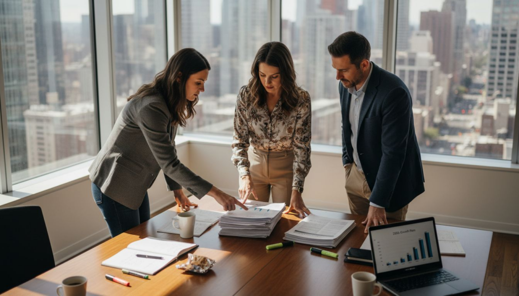 Executives reviewing mission statement drafts together