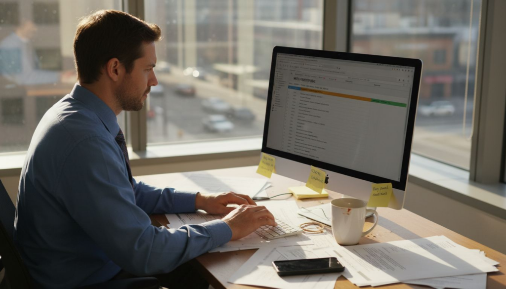 SEO specialist writing meta descriptions in office