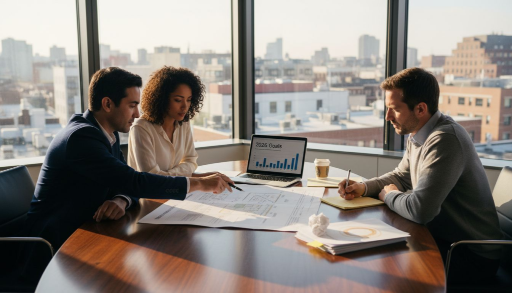 Team planning at corner office table in sunlight