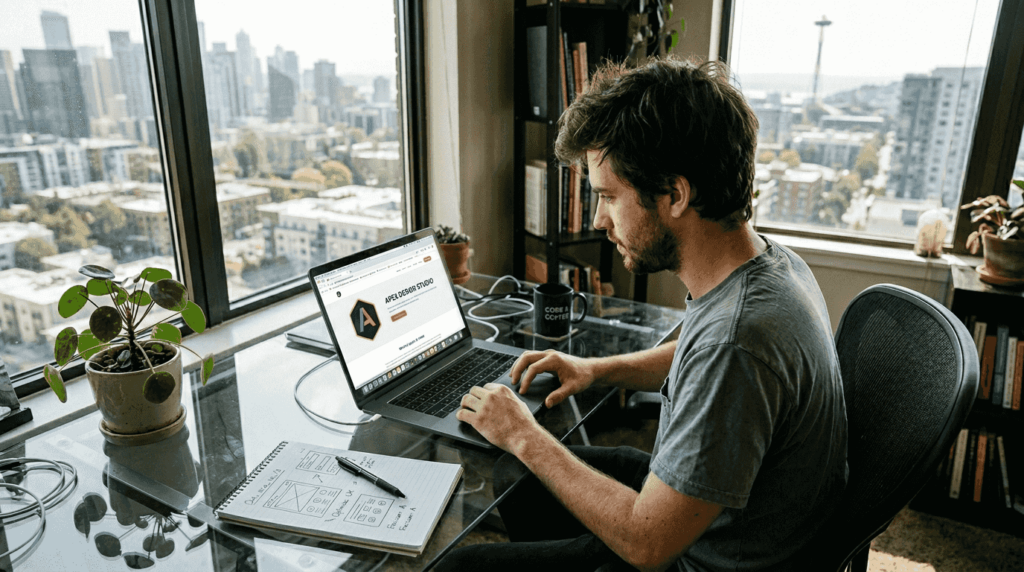 Web designer reviews website favicon on laptop