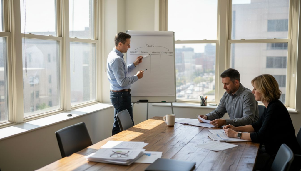 Sales manager drawing visual pipeline in office