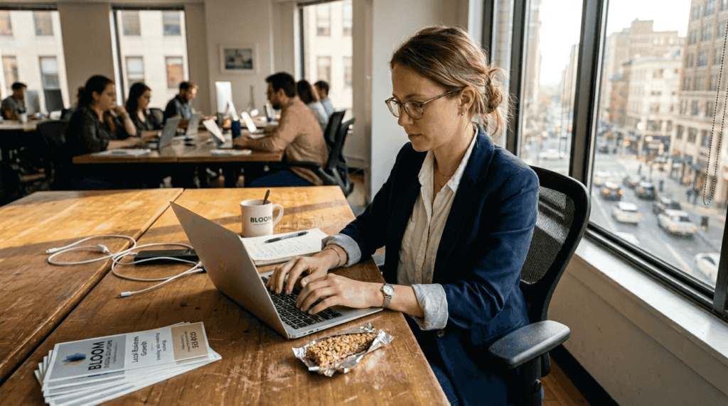 Business owner writing emails in a sunlit office