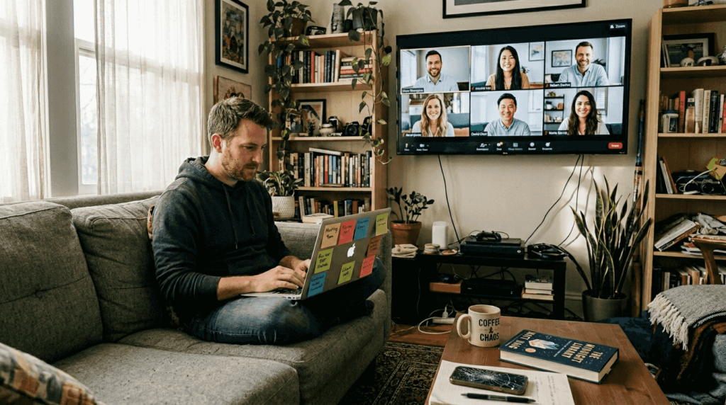 Remote team video call in home workspace