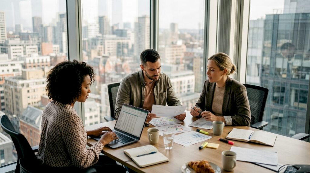Business team planning email strategy in office