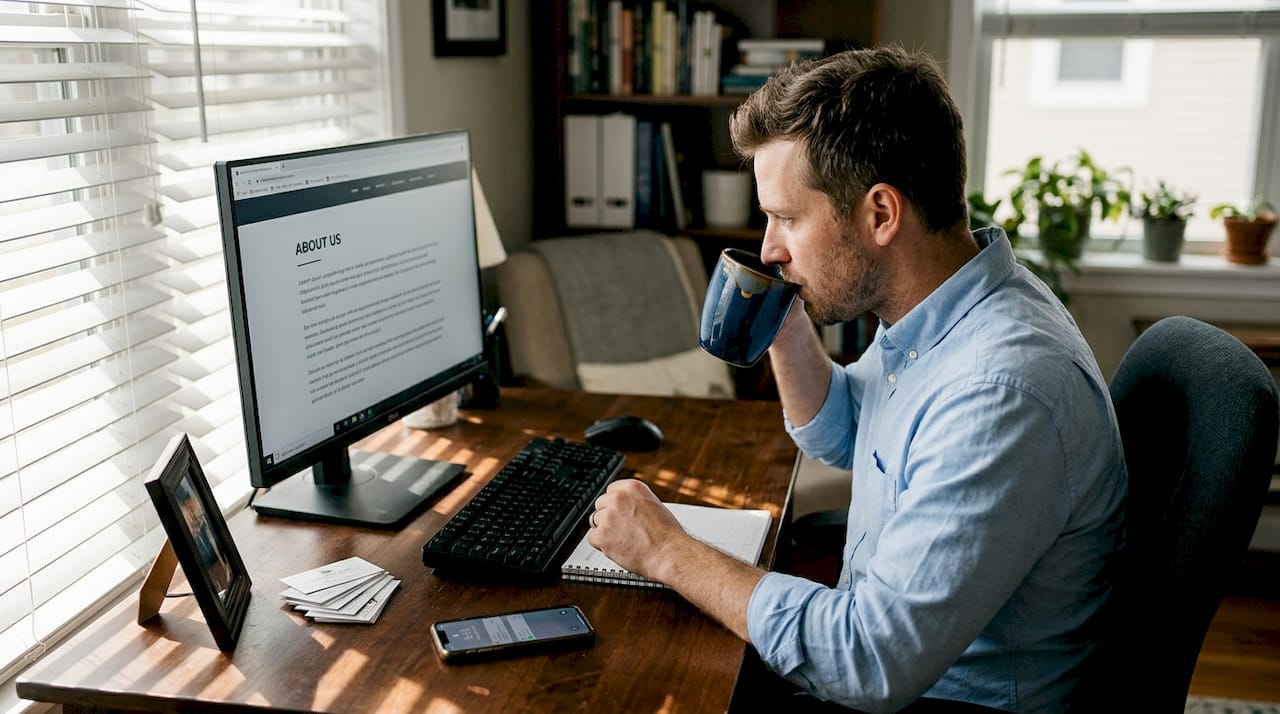 Small business owner reading About Us page