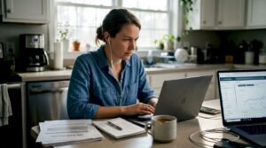 Marketer analyzing website crawl data at kitchen table