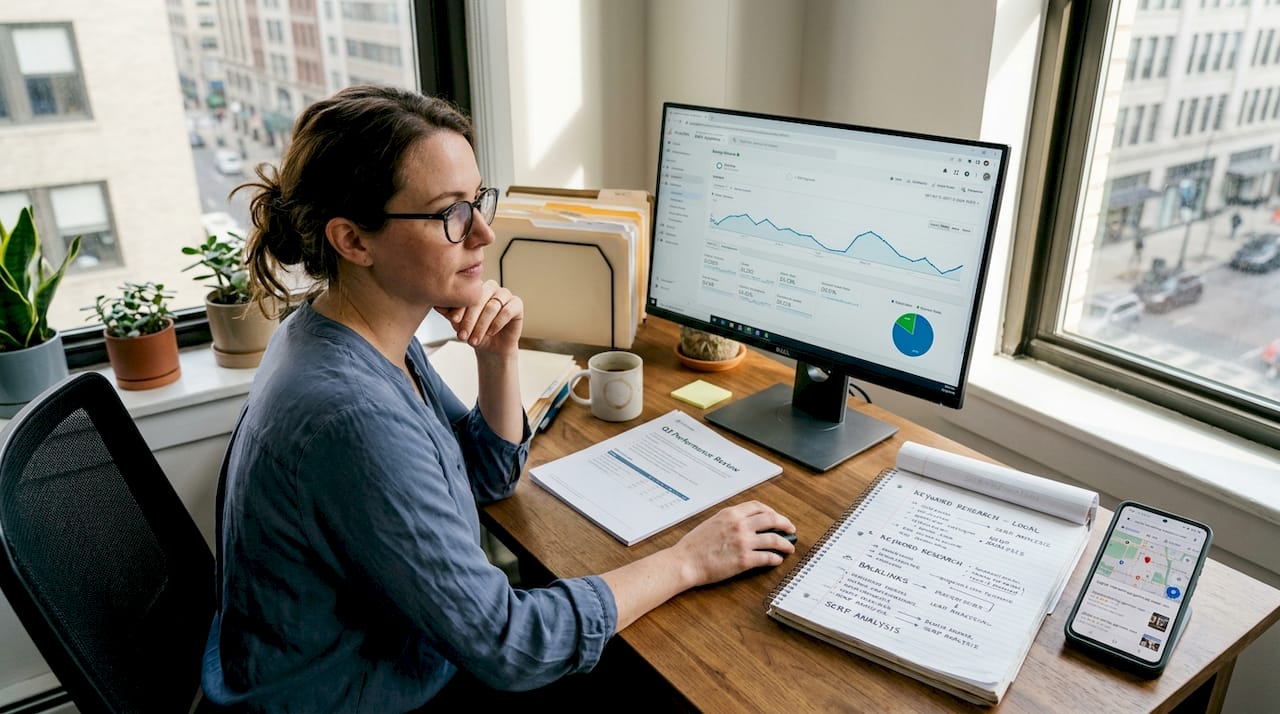 SEO specialist reviewing local analytics