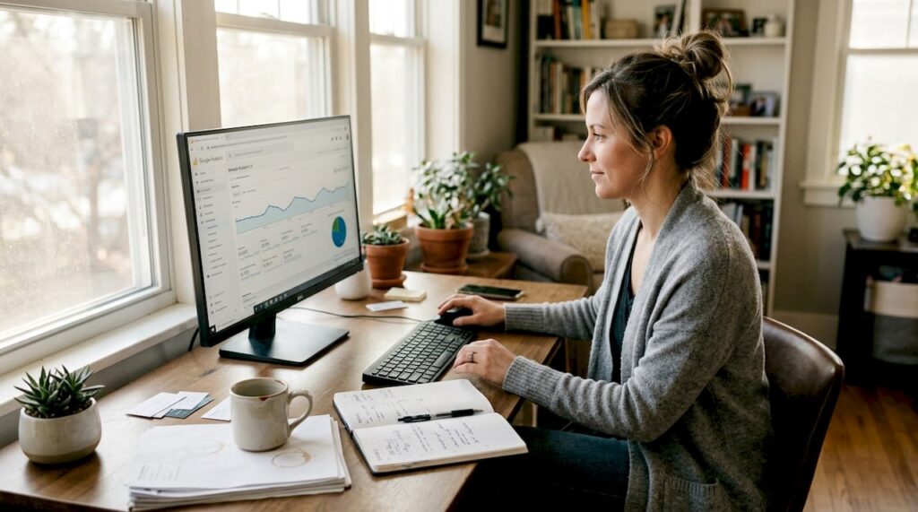 Business owner reviews website analytics in home office