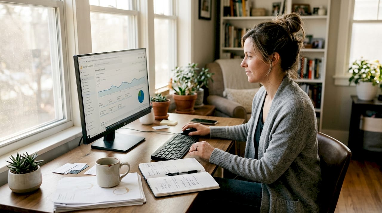 Business owner reviews website analytics in home office