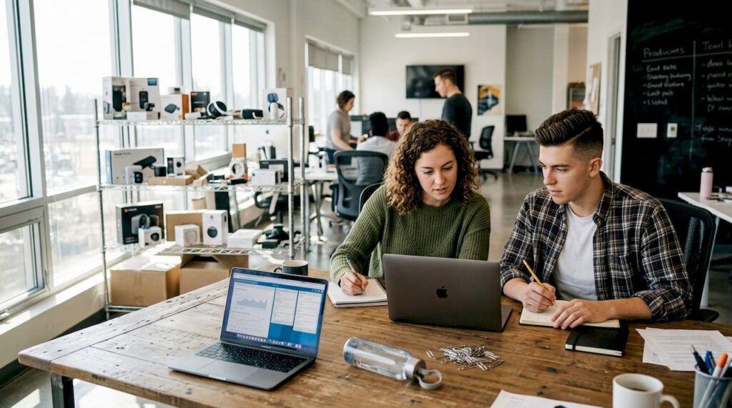 Sales and marketing team collaborating in startup office