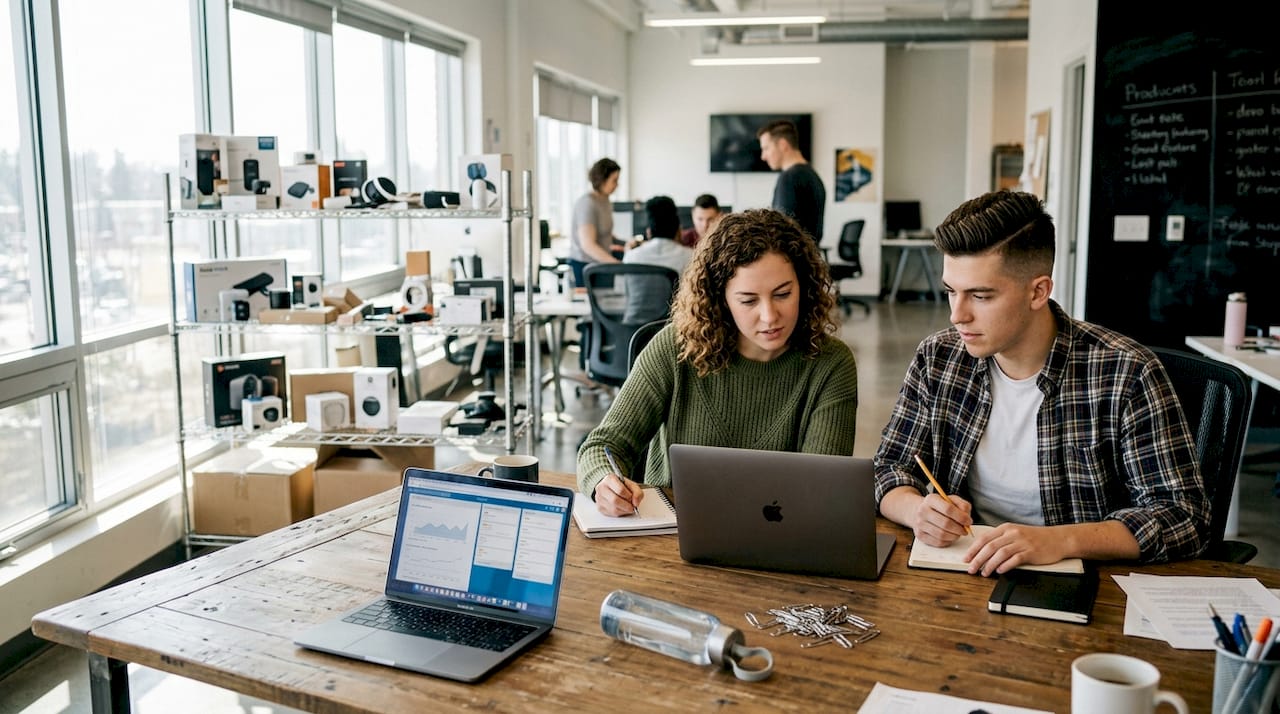 Sales and marketing team collaborating in startup office