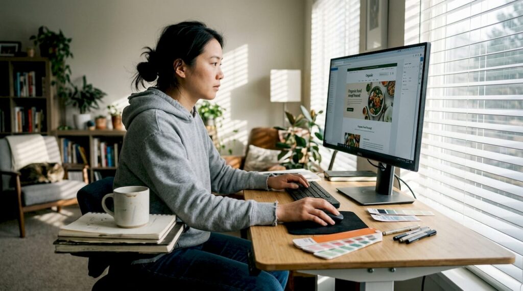 Designer reviews website layout in casual space