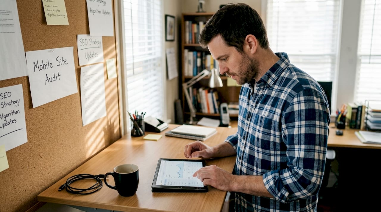 Mobile SEO specialist working at home office desk