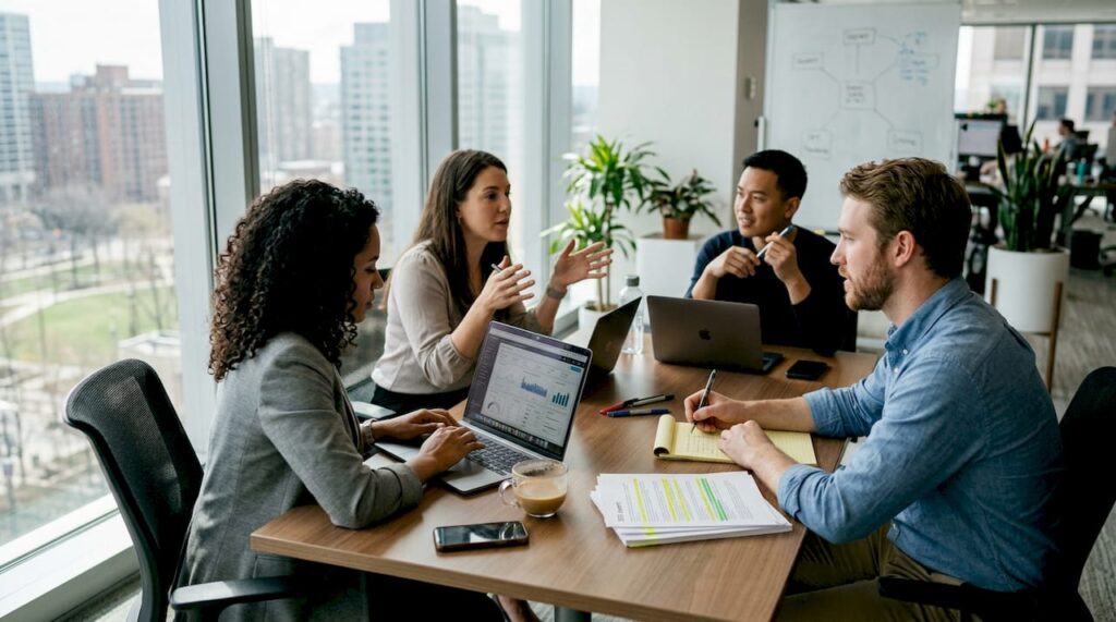 Digital marketing team working in office space