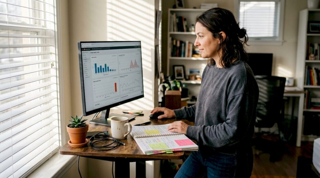 Website manager checking crawl reports at home desk