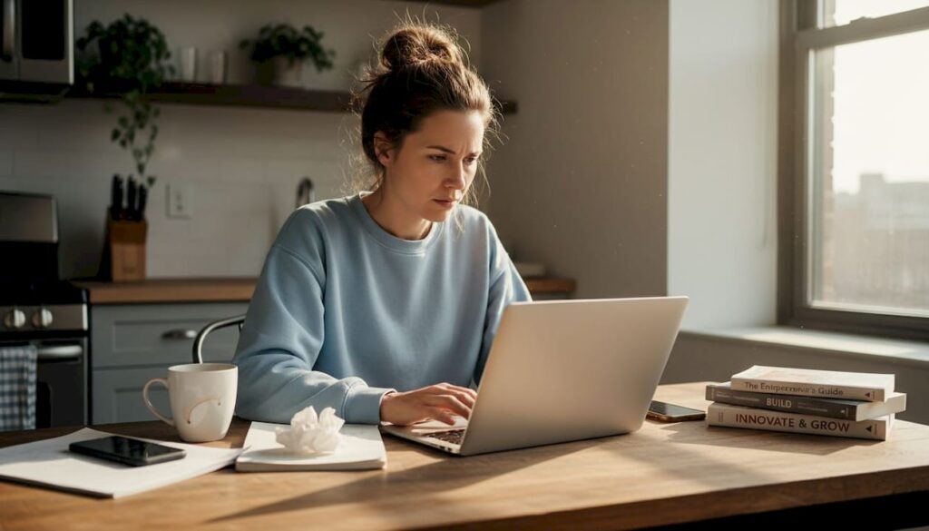 Entrepreneur studying at kitchen workspace with laptop