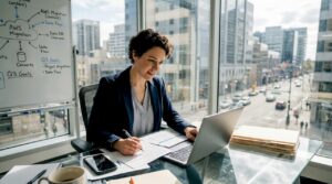 Manager using laptop for cloud storage review