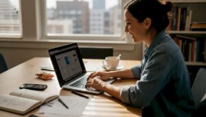 UX designer testing website at apartment workspace