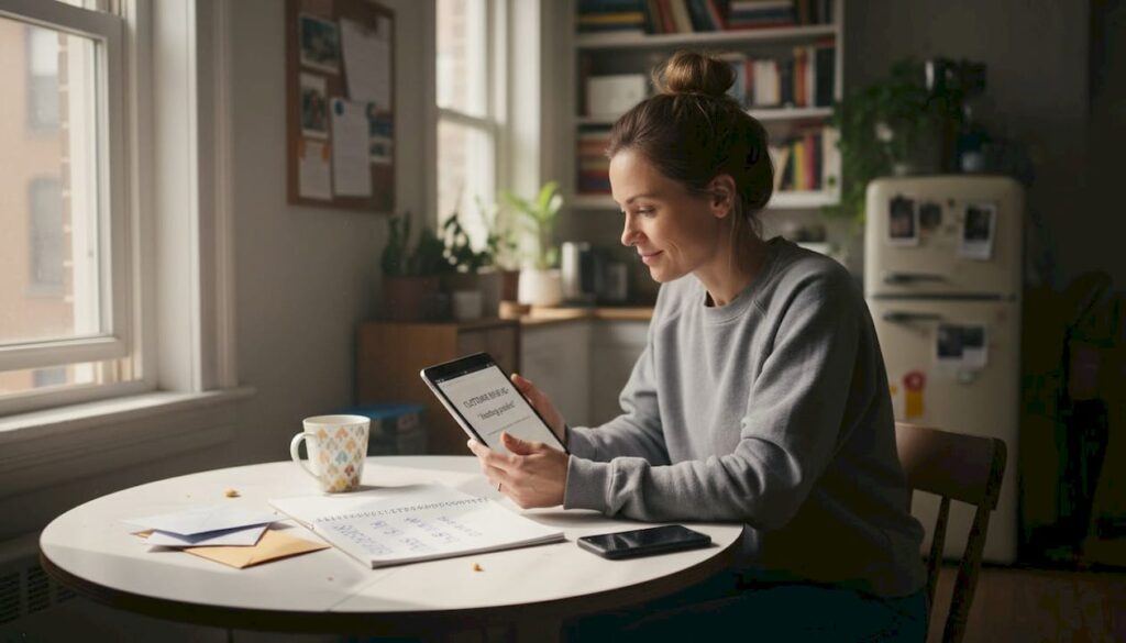 Woman reading online customer reviews at kitchen table