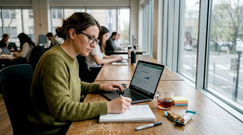 Marketer drafting campaign at shared workspace table