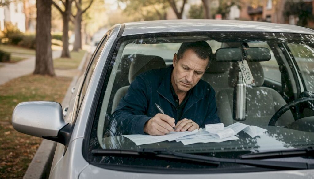 Small business owner planning at cluttered desk