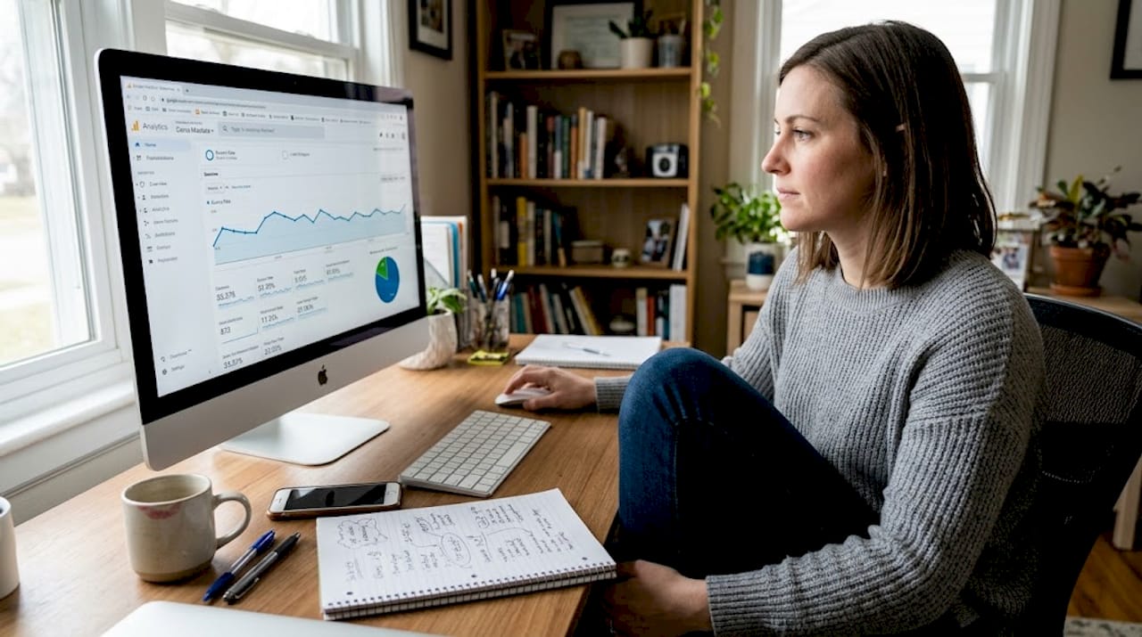 Manager reviewing website analytics at desk