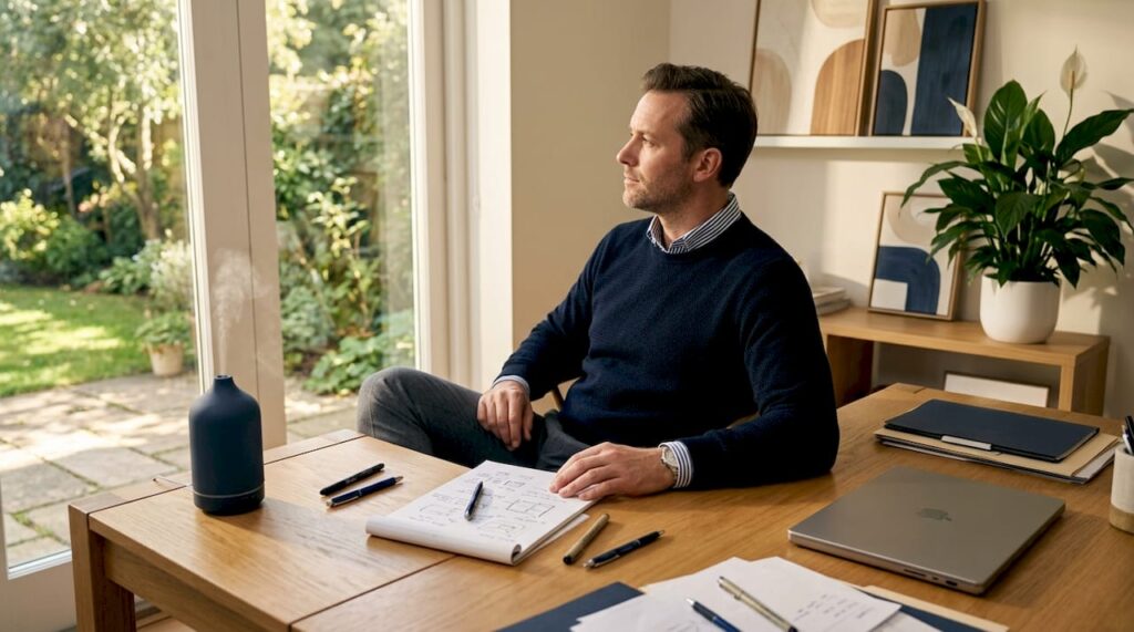 Professional pausing mindfully in corner office