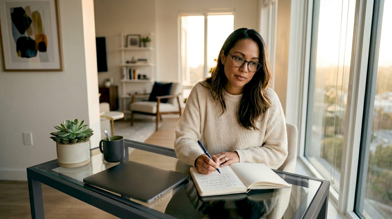 Woman journaling in home office reflecting
