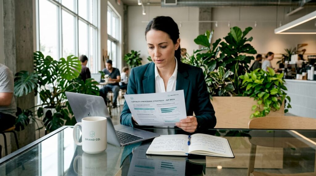 Marketing manager reviewing loyalty program plan
