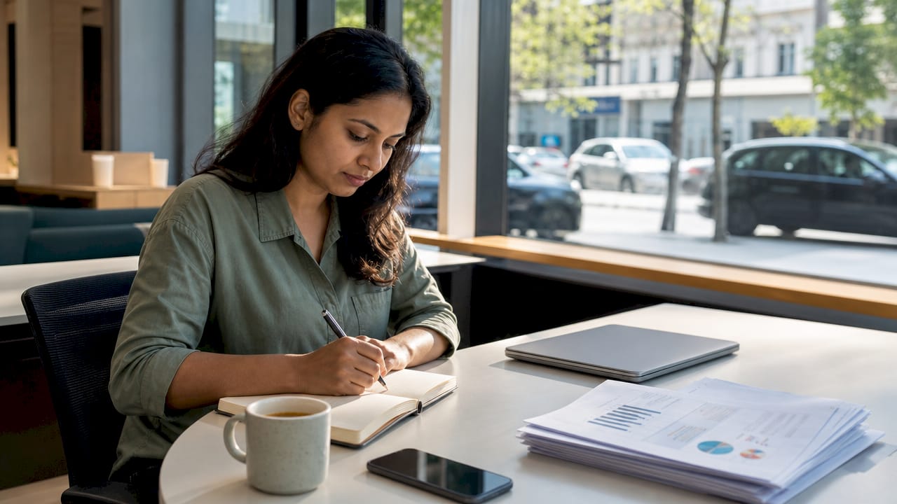 Woman managing business reputation at desk