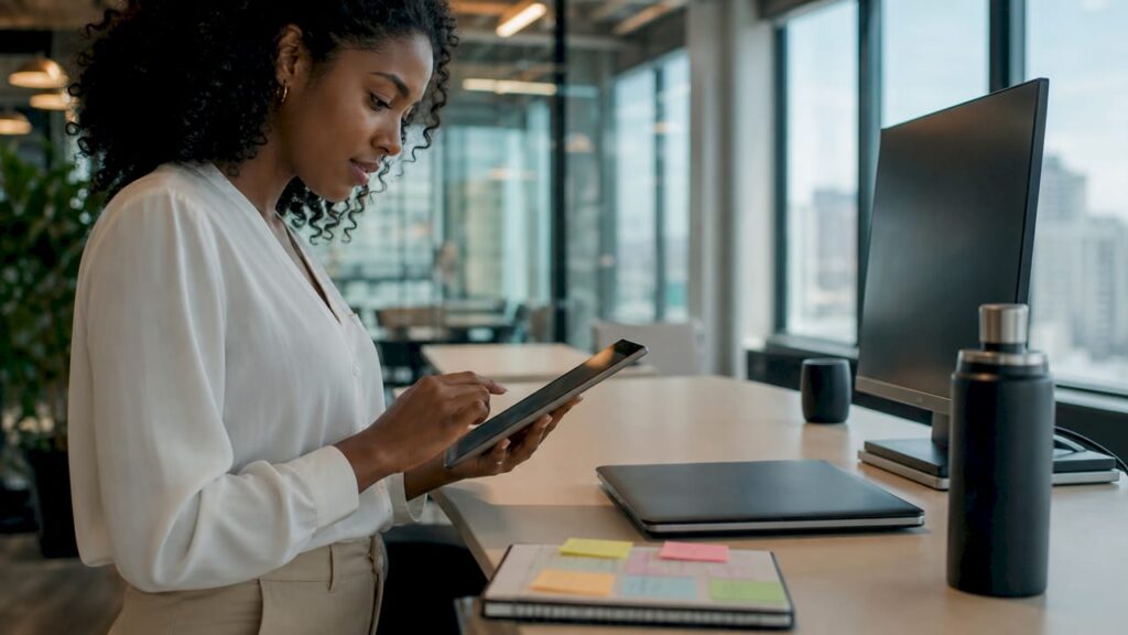 Professional woman using digital documents at desk