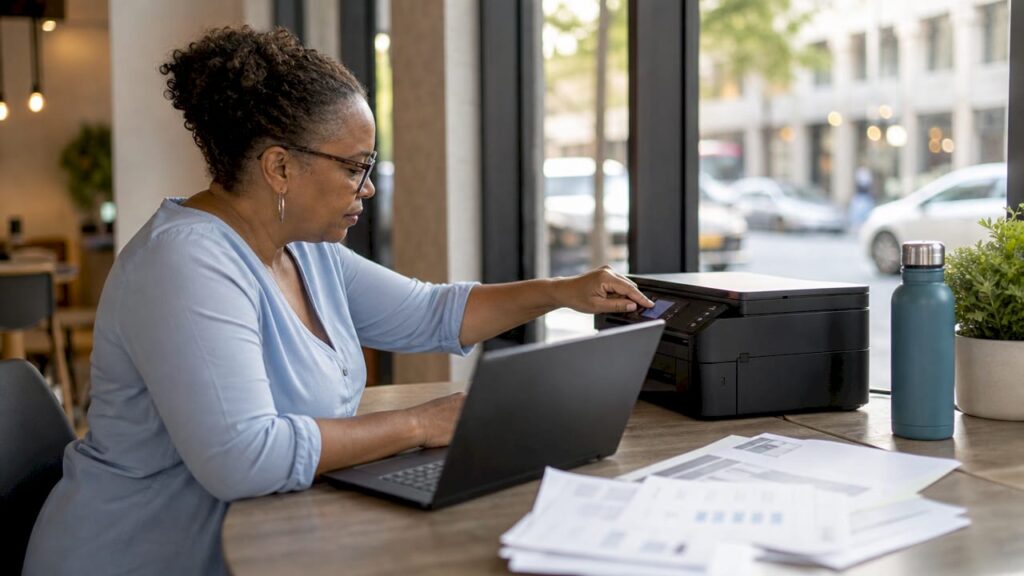 Woman setting printer for double-sided printing
