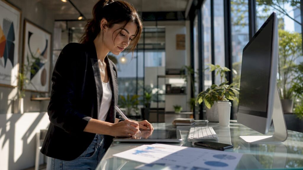 Professional woman planning webinar promotion