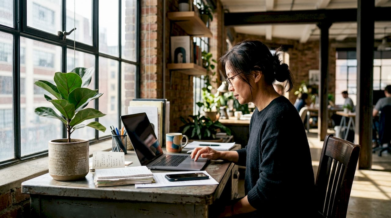 Business owner checking online reviews at desk