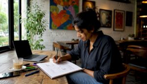 Woman sketching website wireframes in home office