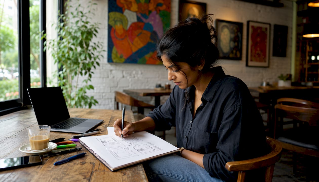 Woman sketching website wireframes in home office