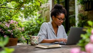 Woman typing email in home office